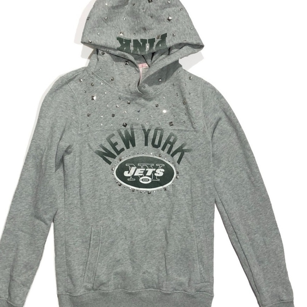 Victoria's Secret Pink Gray New York Jets Hoodie with Rhinestones